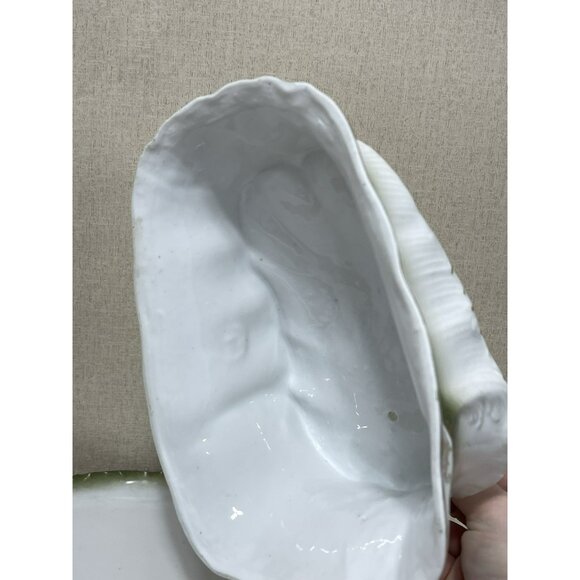 Vintage Glazed Green White Gold Cheese Keeper Butter Dish Dragon Handle - Picture 6 of 7